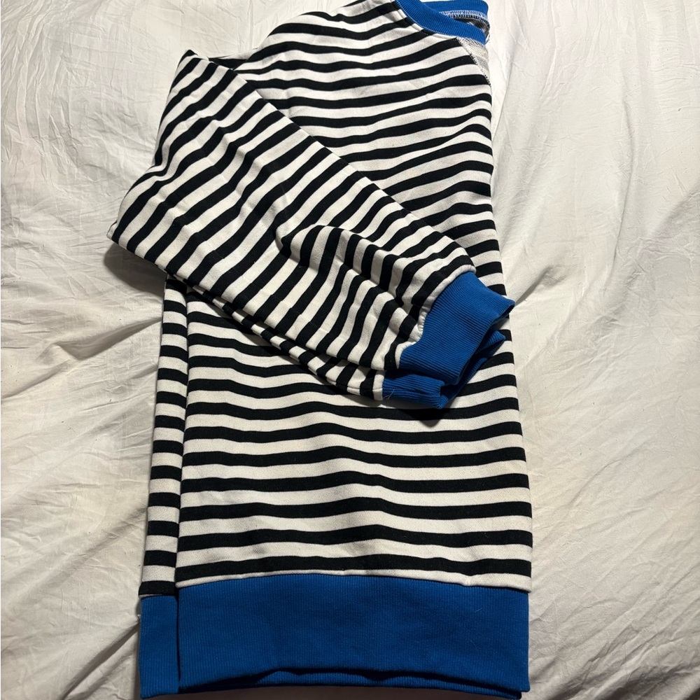 Women’s Black & White Stripe Sweatshirt with Blue Trim